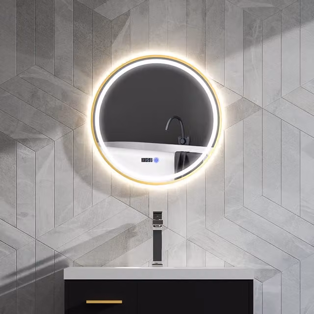 HOMCOM Round LED Bathroom Mirror with Demister Pad and Touch Switch in Gold Tone, Diameter: 60 cm