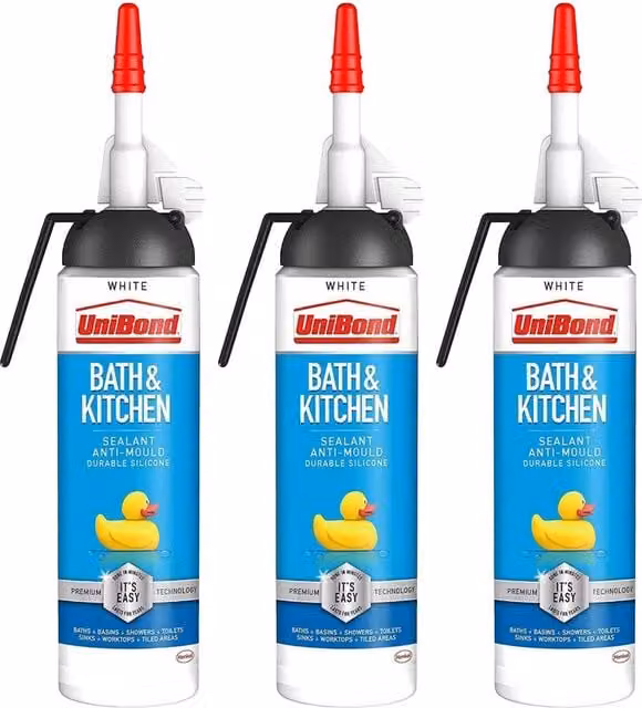 UniBond Mould Resistant White Silicone Sealant for Bath and Kitchen, 104g per tube, Pack of 3 – 1