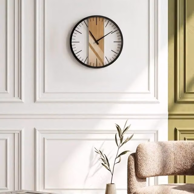 Wyld and Coco Black Maidenhair Wood Veneer Modern Round Silent Analog Wall Clock, Diameter: 38 cm