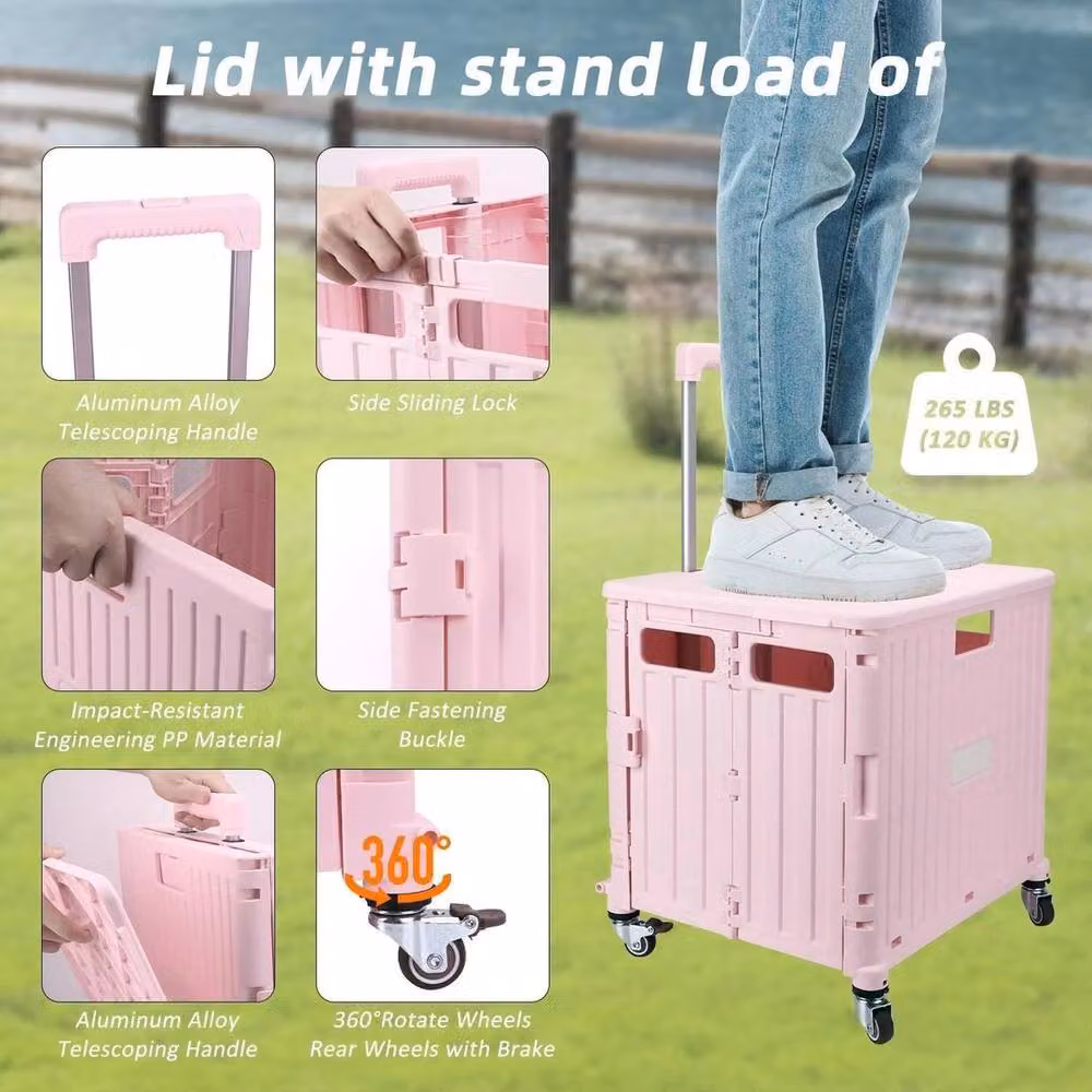 Kelvenix Folding Storage Box Trolley Cart with Wheels in Pink – 3