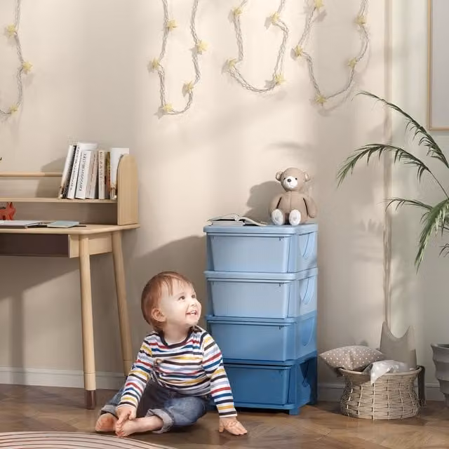 HOMCOM 4 Drawer Blue Plastic Kids Storage Unit