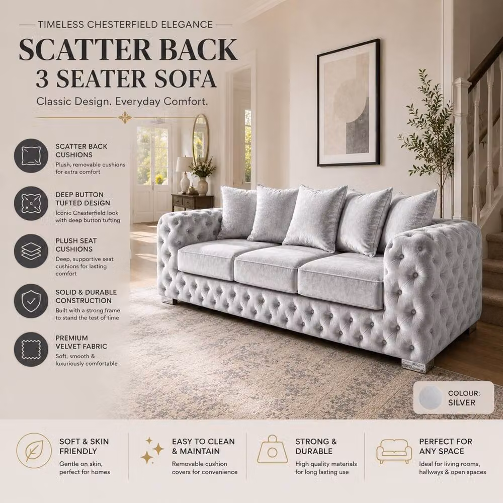 Stratus Interiors Ashley Chesterfield 3 Seater Scatter Back Sofa in Silver Plush Velvet – 2