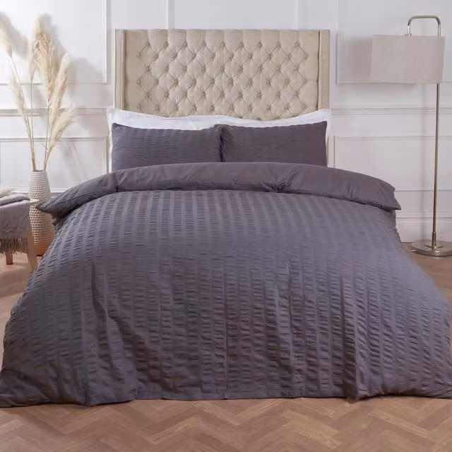 Highams Grey Seersucker Duvet Cover and Pillowcase Bedding Set, 200 x 200 cm