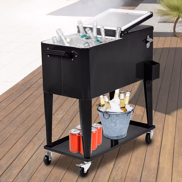 COSTWAY 76L Rolling Cooler Cart with Compartments in Black