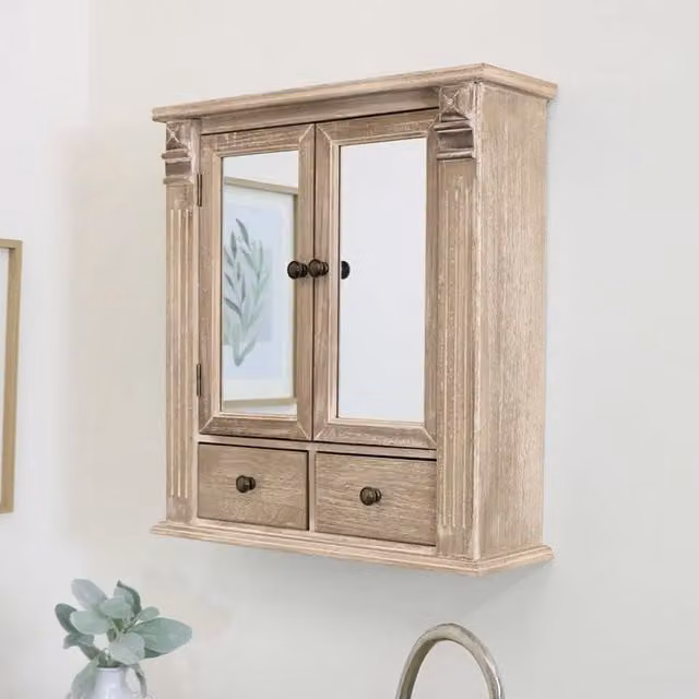 Melody Maison Vintage Natural Wooden Wall Mounted Bathroom Cabinet with Mirrored Hinged Doors