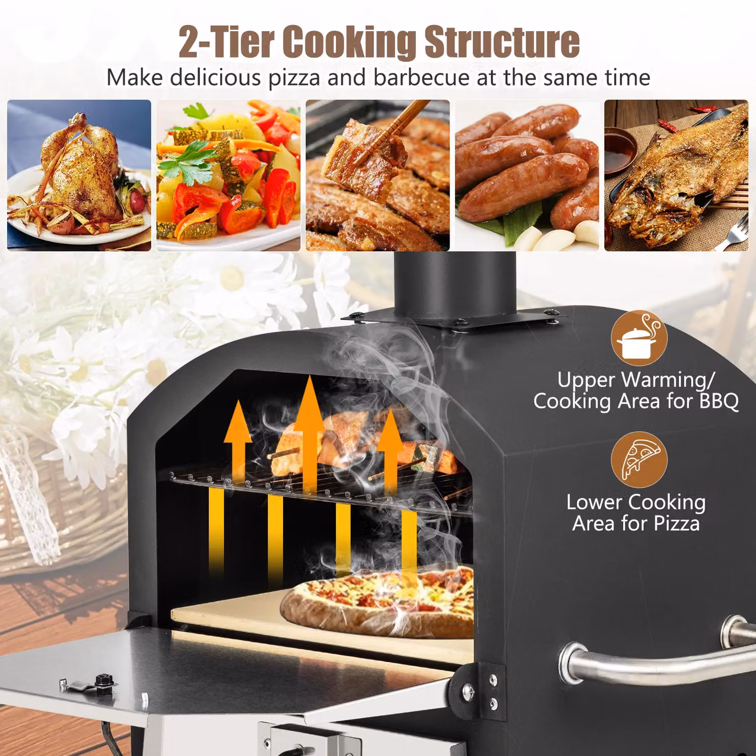 Costway 2-Layer Wood Fired Outdoor Pizza Oven and BBQ Grill with Stainless Steel, Black, W/D/H: 72.0 x 54.0 x 44.0 cm – 7