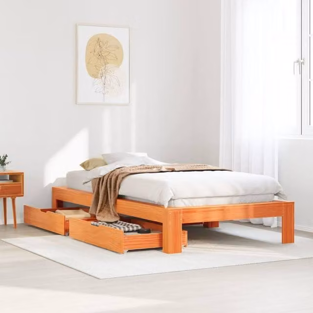 Berkfield Home Rustic Solid Wood Pine Bed Frame with Drawers, Wax Brown, W/D/H: 90 x 200 cm