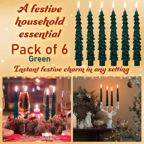 Deco Express Christmas Tree Dinner Candles, Green and Gold, Set of 6 – 3