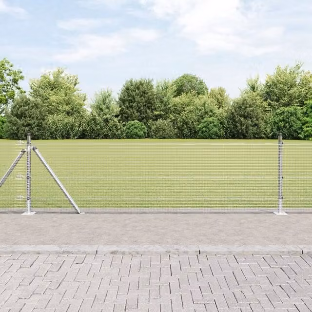 Berkfield Home Single-Bar Welded Wire Fence with 13 Flanged Posts, Galvanised Steel, Silver, 0.5 x 50 m – 1