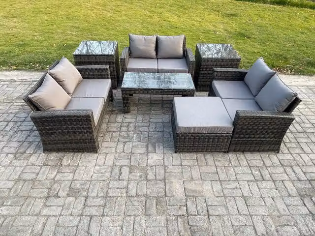 Fimous 7 Piece Outdoor Lounge Sofa Set in Dark Grey Rattan with Coffee Table, Double Seater Sofa and Ottoman