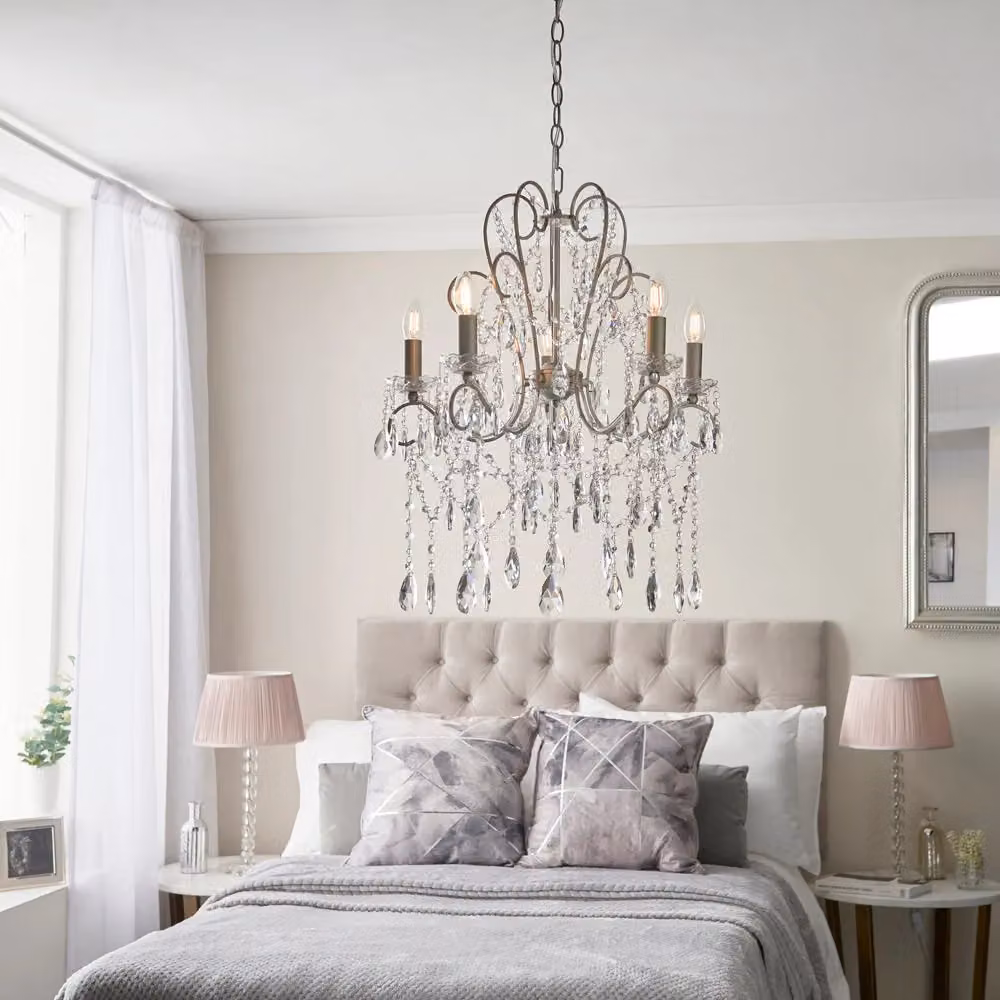 Loops Aged Silver Ceiling Chandelier with 5 Transparent Glass Bulbs and Height Adjustable Pendant Fitting – 2