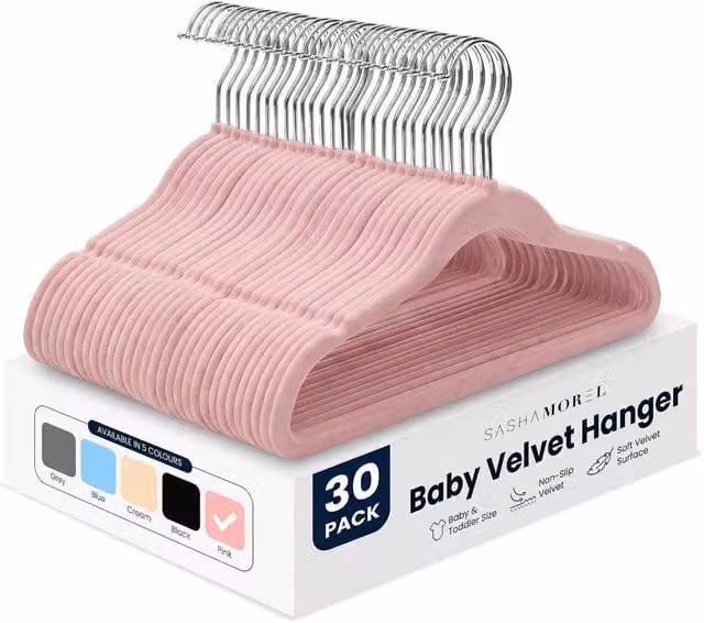 Sasha Morel Pink Velvet Baby Clothes Hangers with Swivel Hooks, 30 Pack – 1