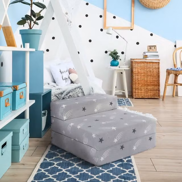 Ready Steady Bed Kids Z Single Folding Futon Chair Bed in Shooting Stars Grey