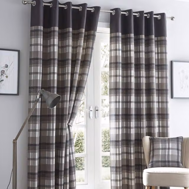 Portfolio Home Orleans Grey Tartan Check Striped Fully Lined Eyelet Curtains, 2 Panel Pair, Width: 117 cm, Drop: 183 cm