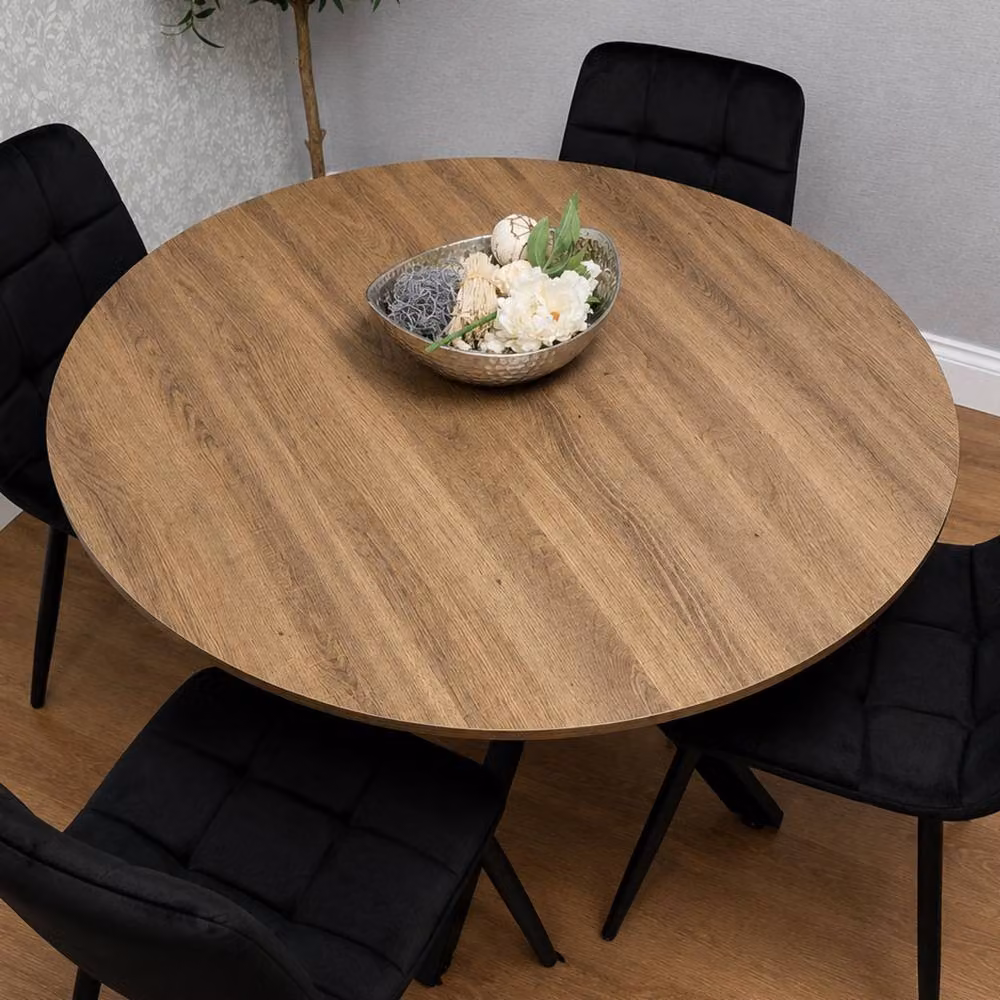 Kosy Koala 4 Seater Round Dining Set with Brown Wood Table and Black Velvet Chairs – 3