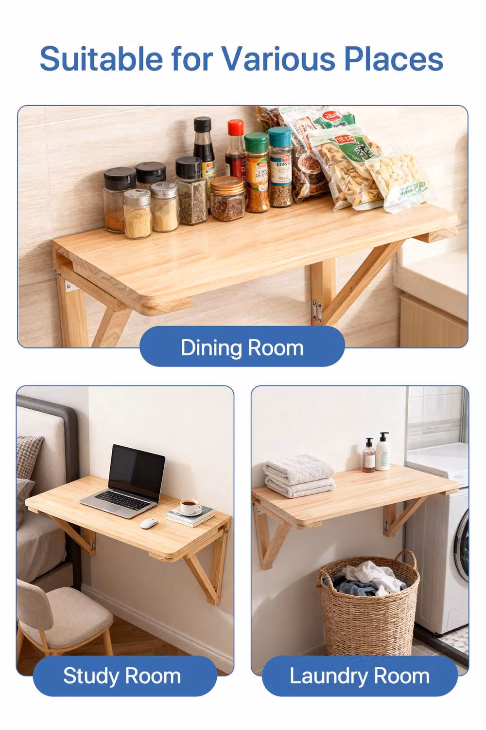 Living and Home Wooden Wall-mounted Folding Table in Beige – 2