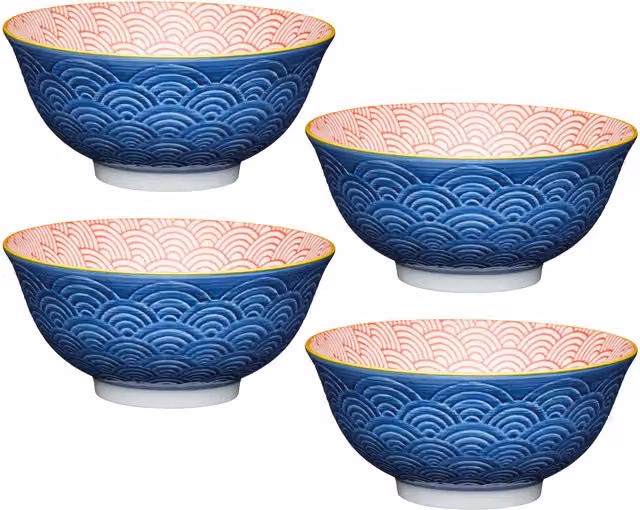 KitchenCraft 4-Piece Geometric Pattern Ceramic Stoneware Bowl Set in Blue – 1