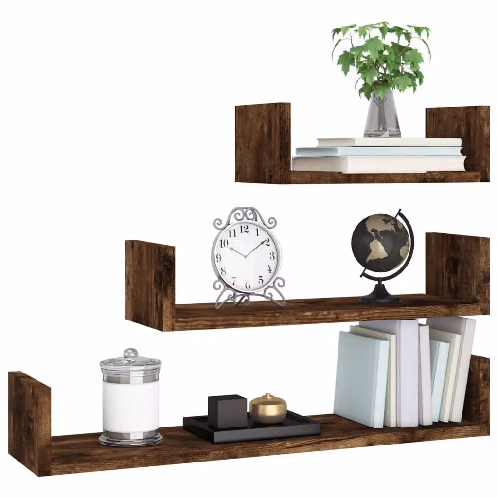Berkfield Home Set of 3 Wall Mounted Display Shelves in Smoked Oak Brown – 4