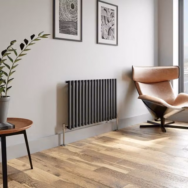Temprazo Horizontal Oval Tube Double Panel Designer Radiator in Anthracite Grey, H 144 cm x W 60 cm x D 5.5 cm