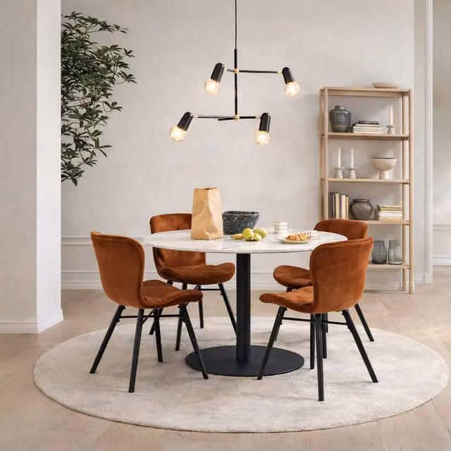 Furniture To Go Corby Round White Marble Dining Table with Black Base and 4 Batilda Copper Chairs