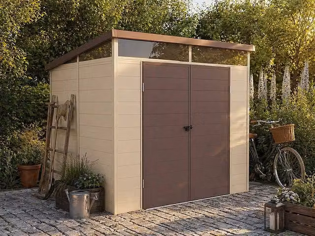 Vente-unique MINARO Resin Garden Shed in Beige and Brown with Floor and Double Doors, Pent Roof, 4.57 m²