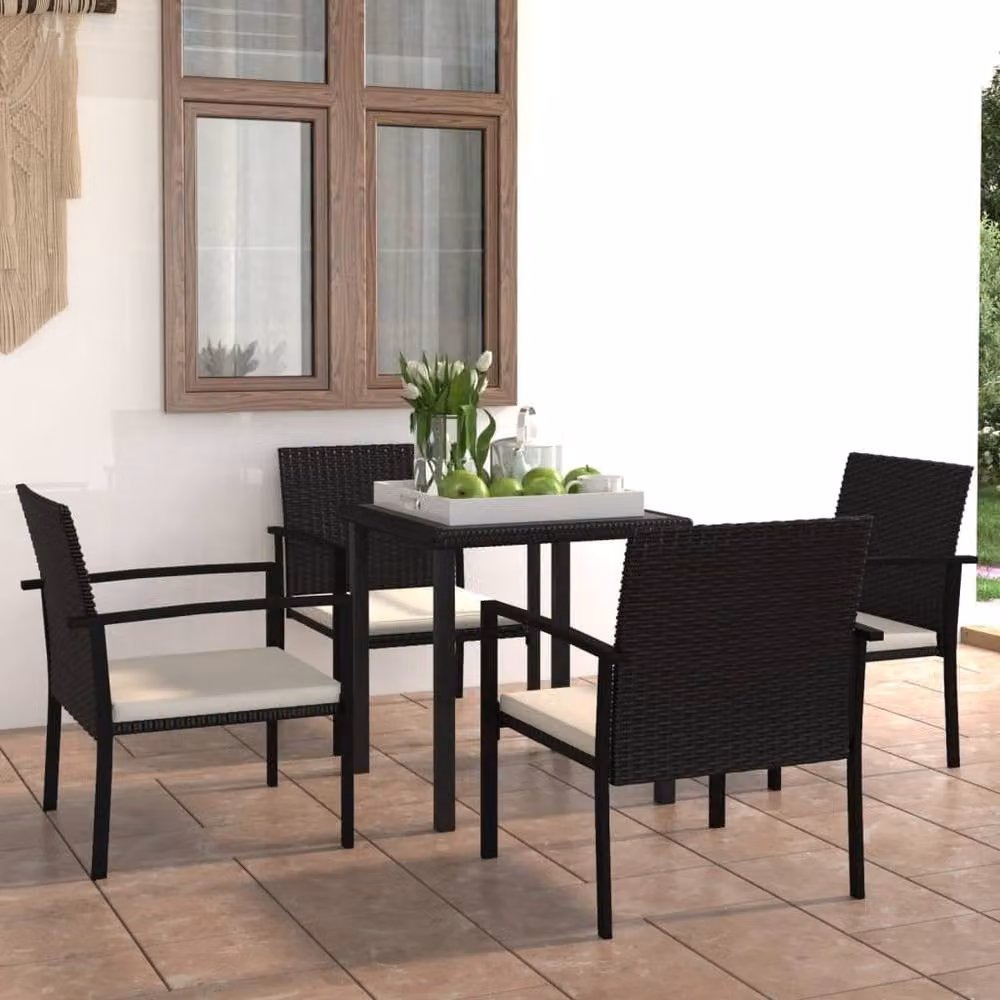 Berkfield Home 5 Piece Outdoor Dining Set in Black Poly Rattan and Metal with Glass Top – 1