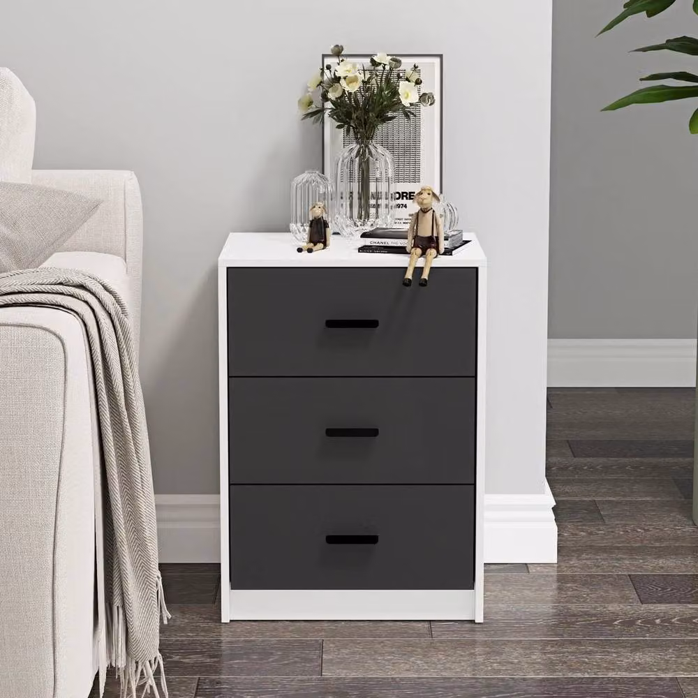 FORGEVIO Modern Bedroom Bedside Cabinet with Black Drawers and White Carcass – 3