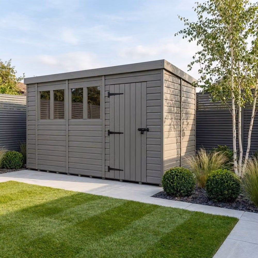 Buttercup Farm Grey Composite Pent Garden Shed with Single Door and Windows W: 400 cm, D: 274 cm, H: 210 cm – 2