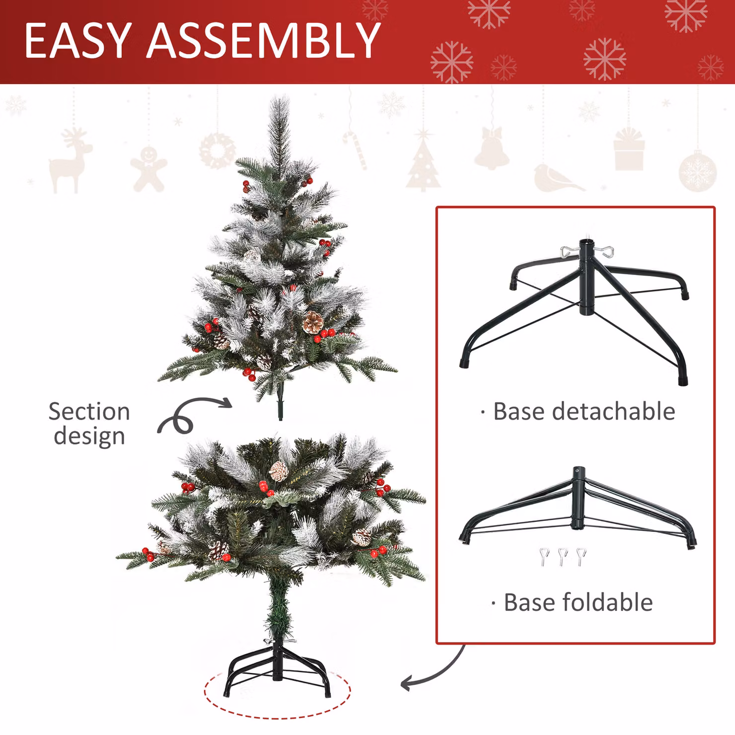 HOMCOM 4ft Artificial Snow Dipped Christmas Pencil Tree with Berries and Pinecones, Green – 4