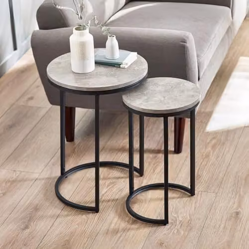 Julian Bowen Staten Round Nest of 2 Side Tables in Grey and Black Concrete Effect – 1