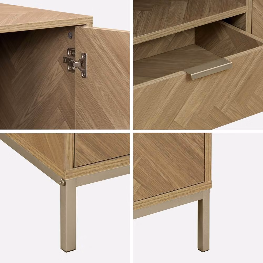 Sweekeec Modern Herringbone TV Unit in Light Brown with 2 Cupboards and 1 Drawer, Width: 120 cm – 3