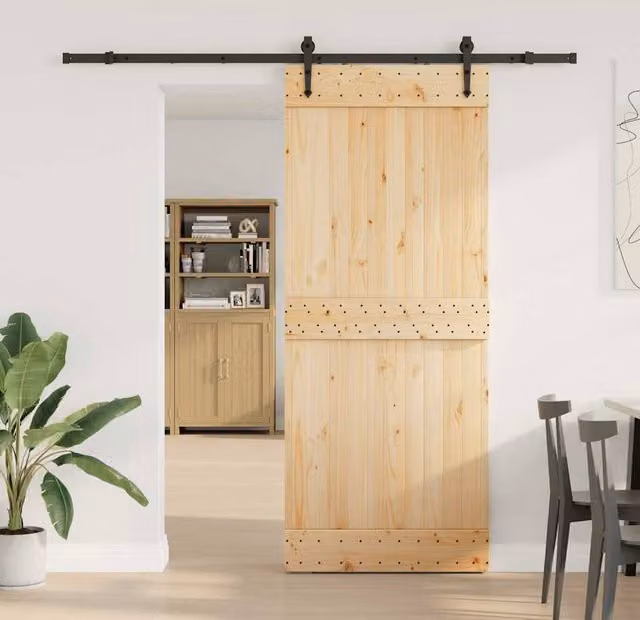 Berkfield Home Modern Sliding Door with Hardware Set in Light Brown Solid Wood, W: 85 cm, H: 210 cm – 1