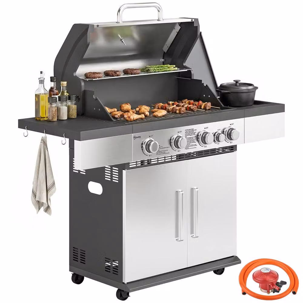 OUTSUNNY 4+1 Burner Gas BBQ Grill with Side Burner, Warming Rack and Thermometer in Silver, W/D/H: 130 x 110 x 110 cm – 2