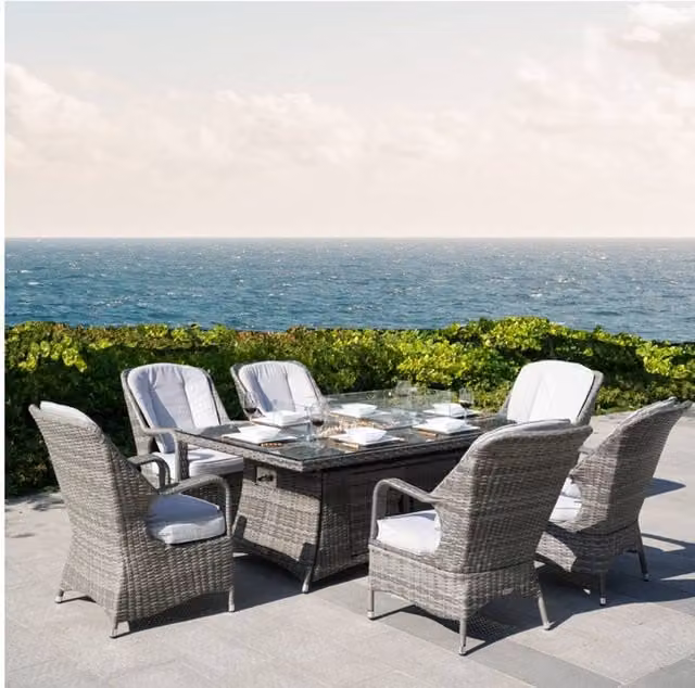 Direct Wicker 7-Piece Outdoor Dining Set with Fire Pit Table in Grey for 6 Adults – 1