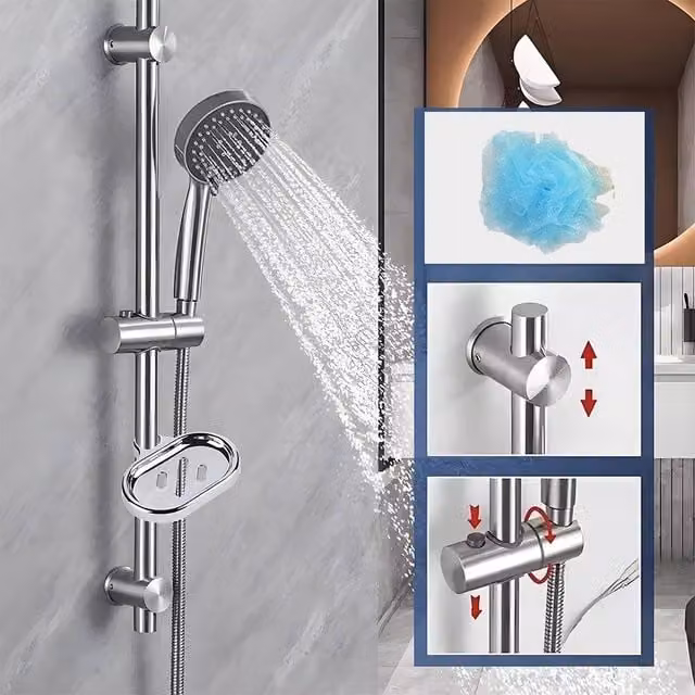 Hinsinc Adjustable Slider Rail Shower Riser Kit with Hand Shower and Soap Holder in Silver and Chrome – 1