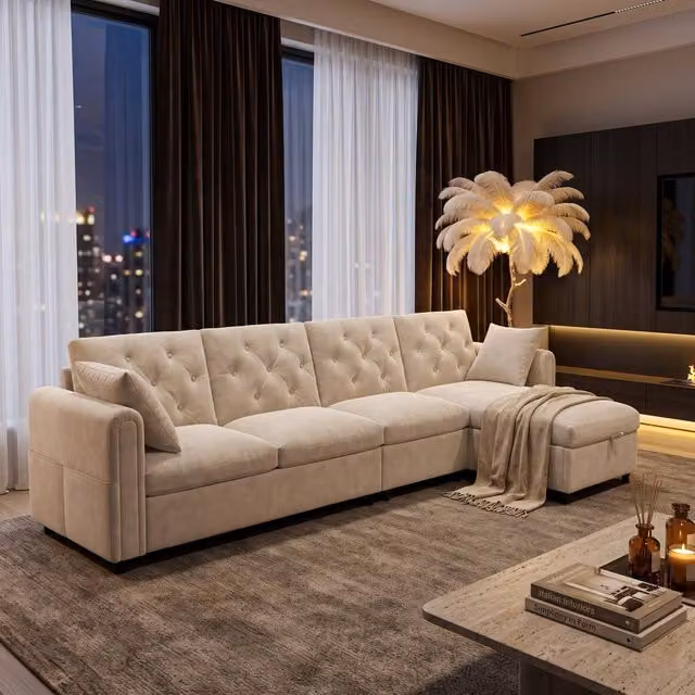 FENCHILIN Velvet L-Shaped Sectional Sofa with Reversible Chaise and Sleeping Function in Beige