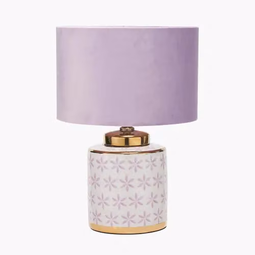 Ruma Lillac & Gold Leaf Ceramic Table Lamp with Blush Pink Velvet Cylinder Shade – 2