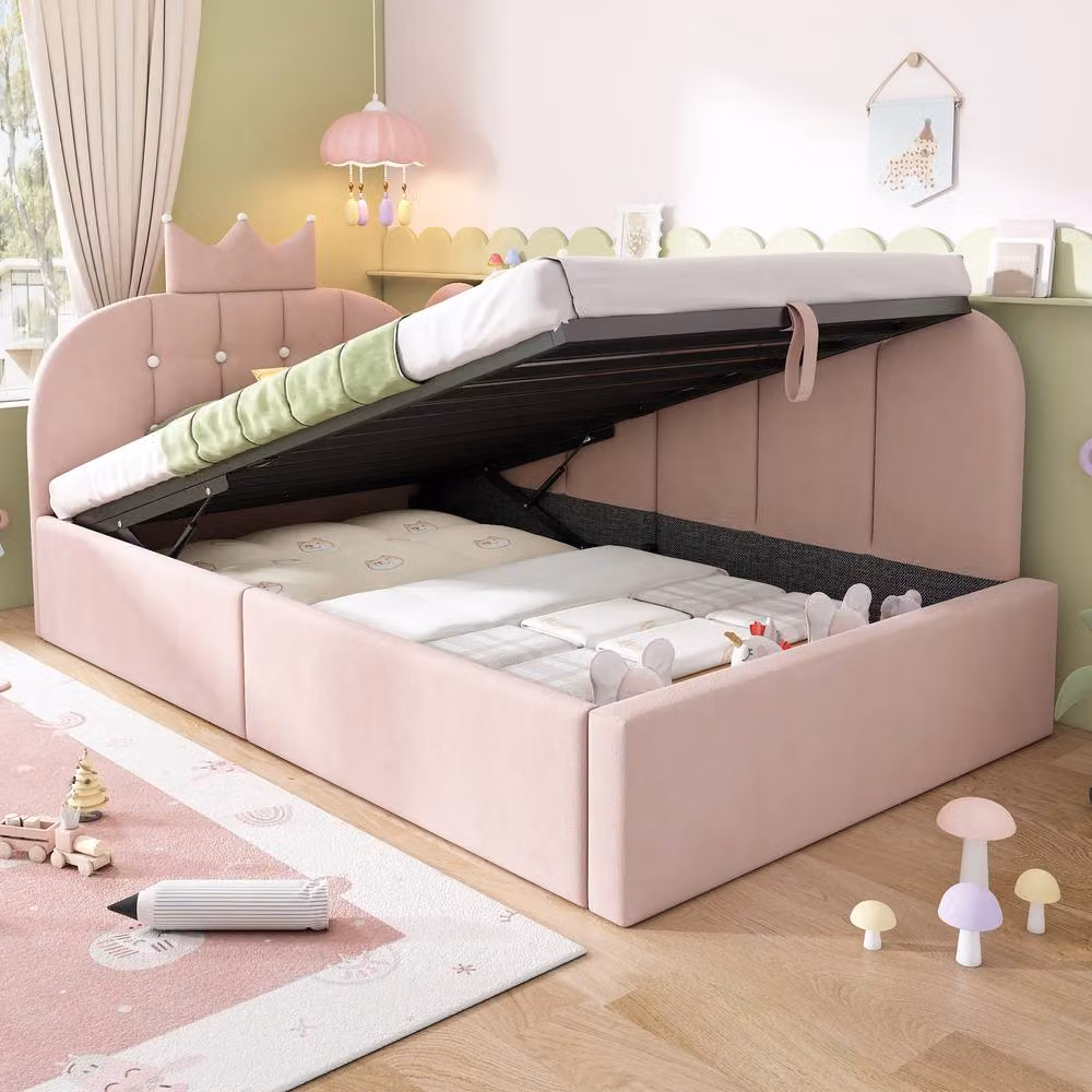 STILVORA Single Daybed with Hydraulic Lift-Up Storage in Pink Velvet, W/D/H: 90 x 190 cm – 5