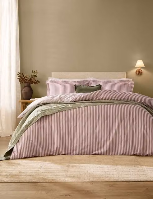 YARD Hebden Striped Reversible Cotton Duvet Cover Set, Pink Mix, W: 140 cm, L: 200 cm