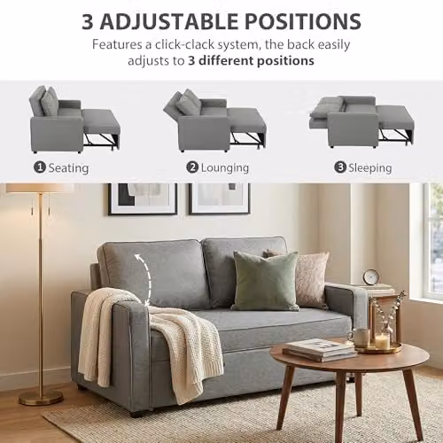 HOMCOM 2 Seater Click Clack Sofa Bed in Grey with 2 Pillows, Fabric Upholstered Convertible Sleeper with Solid Wood Frame, W/D/H: 148 x 86 x 91.5 cm – 5