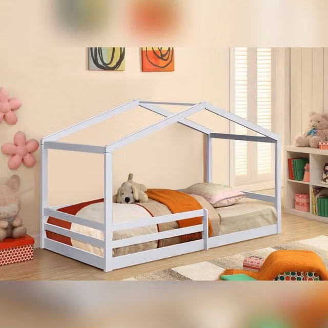 Comfy Living Ltd Single Solid Wood House Bed Frame for Children in White or Grey, W/D/H: 90 x 200 x 130 cm