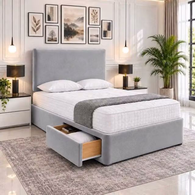 Velmora Upholstered Fabric Divan Bed with Storage Drawers and Headboard in Silver