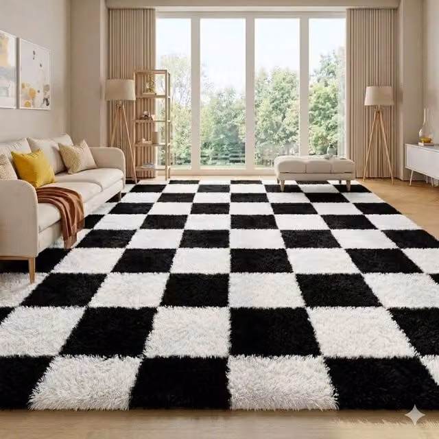 SPETLEK Black and White Checkerboard Fluffy Shaggy Rug for your Living Room, W/D/H: 230 x 160 x 1 cm