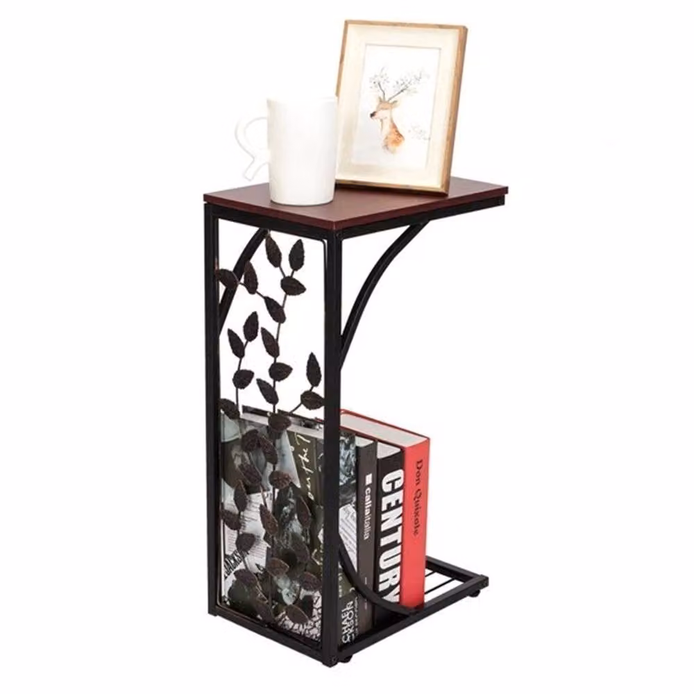 Nordara Brown Small Coffee Table and Narrow Nightstand with Iron Leaf Pattern, W/D/H: 30 x 30 x 30 cm – 2