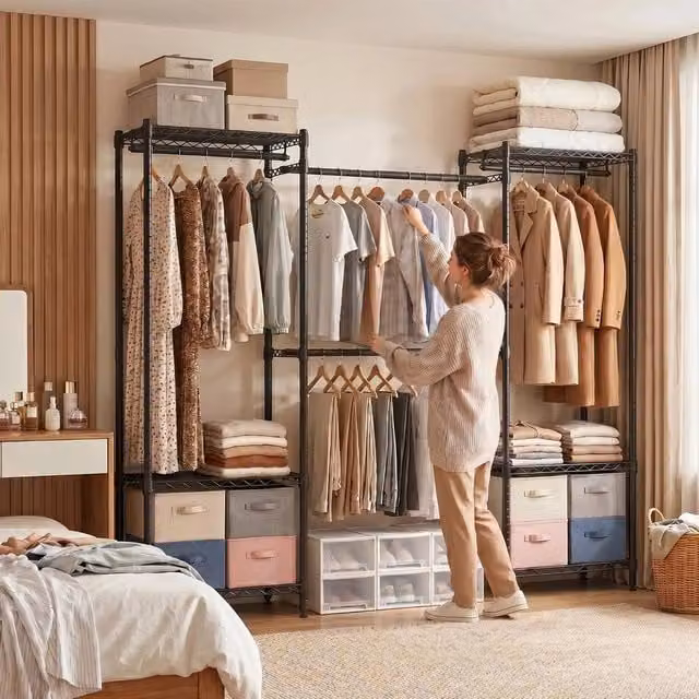 EONLION Black Metal Extendable Clothes Rail and Wardrobe Organiser
