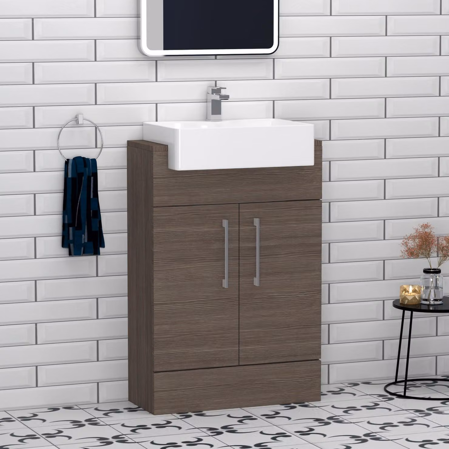 Royal Bathrooms Elena 600mm Grey Elm Floor Standing Vanity Unit with 2 Door Cabinet and Semi Recessed Basin