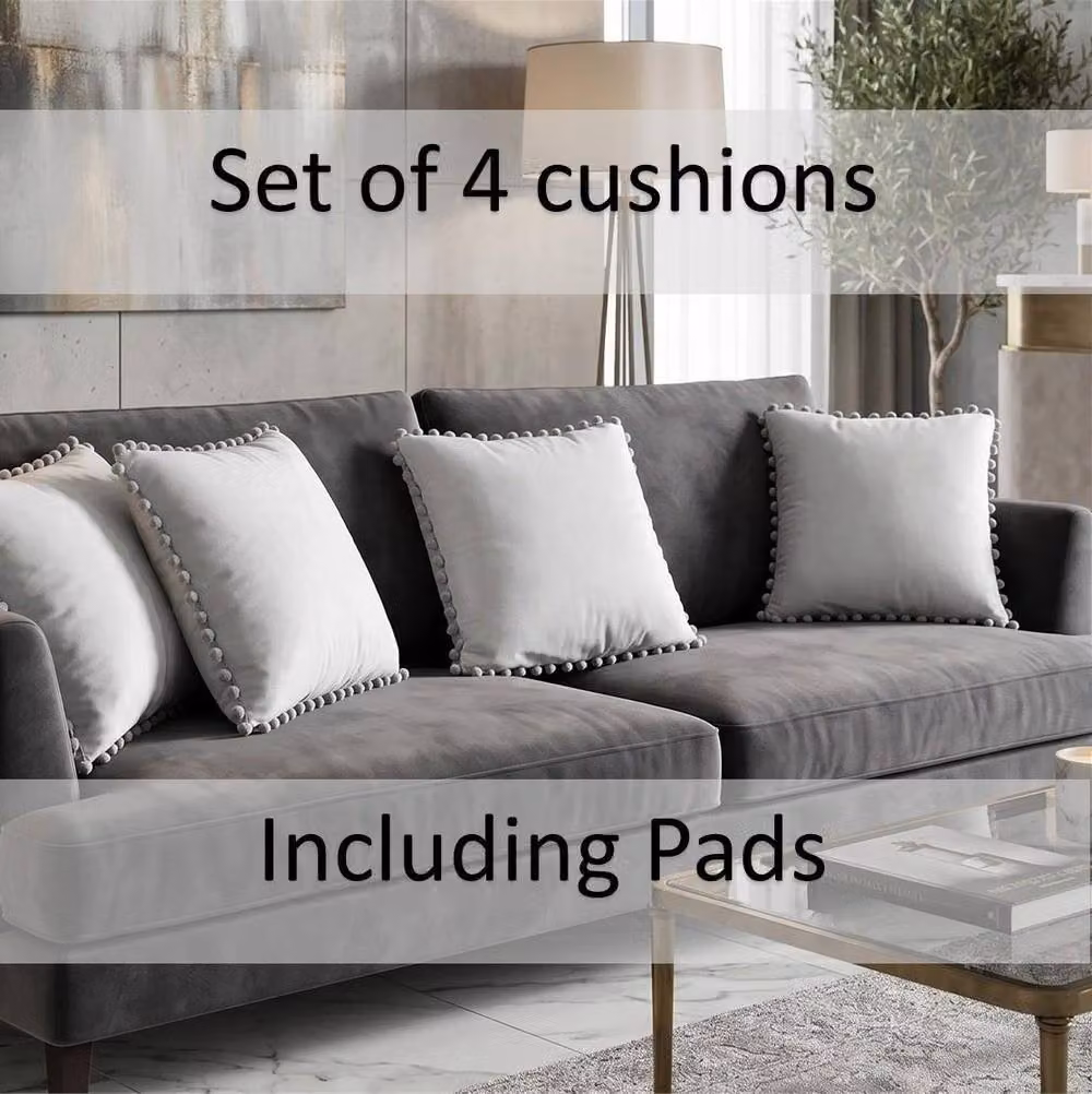 Luxury Living Set of 4 Silver Velvet Square Cushions with Pom Trim, W/D/H: 43 x 43 x 43 cm – 3