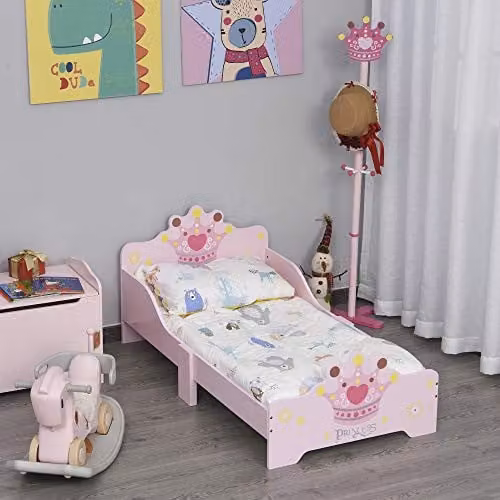 HOMCOM Kids Wooden Princess Crown and Flower Single Bed with Safety Side Rails in Pink, W/D/H: 140 x 70 x 73 cm – 1