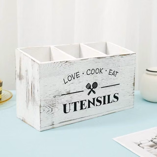 FORGEVIO Freestanding Wooden Kitchen Utensil Holder, White, H: 30.0 cm, W: 17.5 cm, D: 1.0 cm – 1