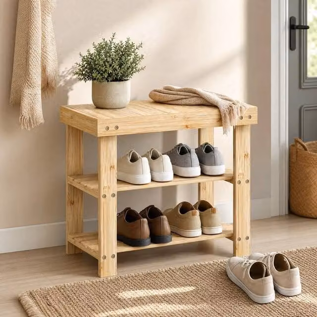 STILVORA Bamboo Shoe Storage Bench with Two Shelves in Natural Brown – 1
